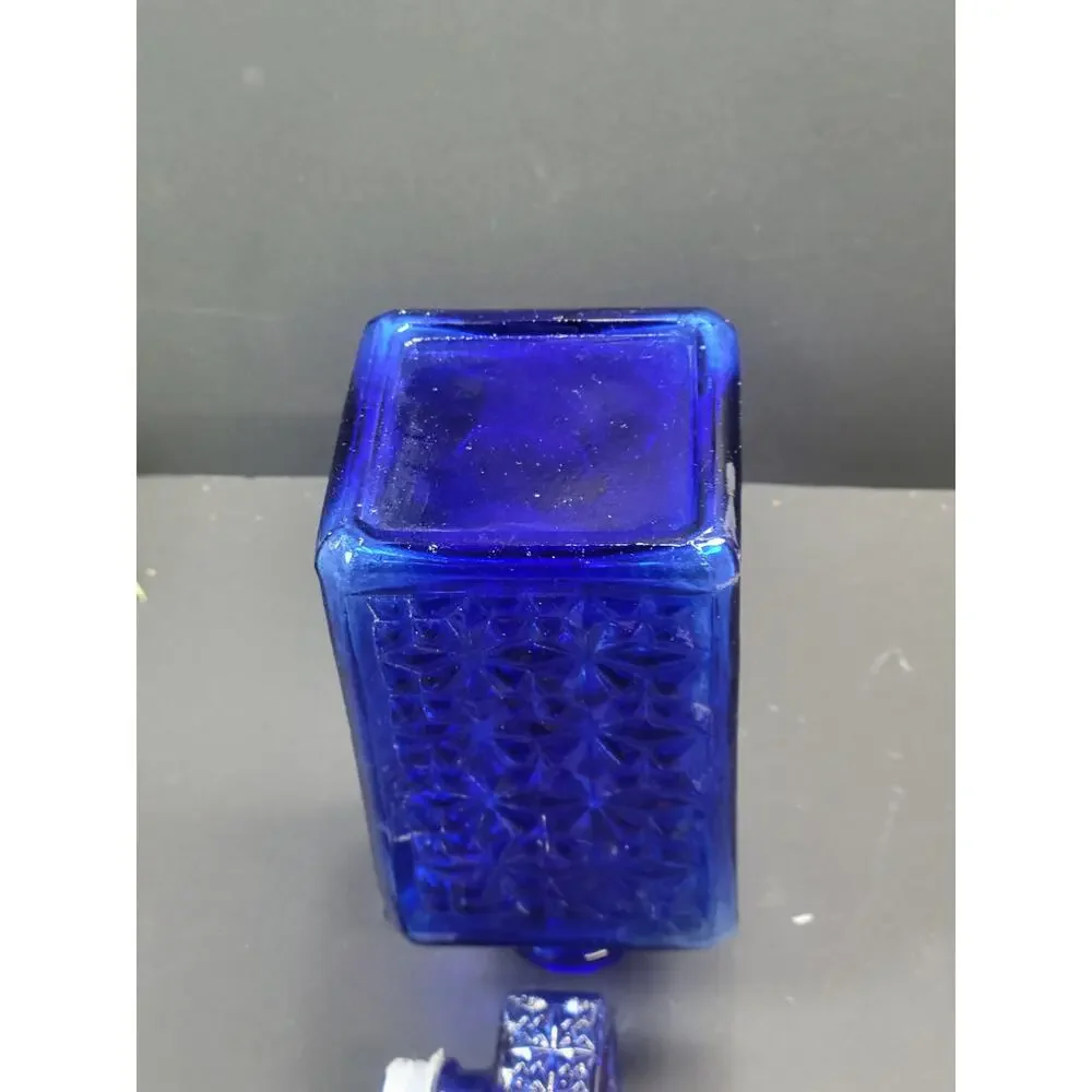 Vintage MCM Cobalt Decanter, Pressed Glass Square Bottle & Stopper